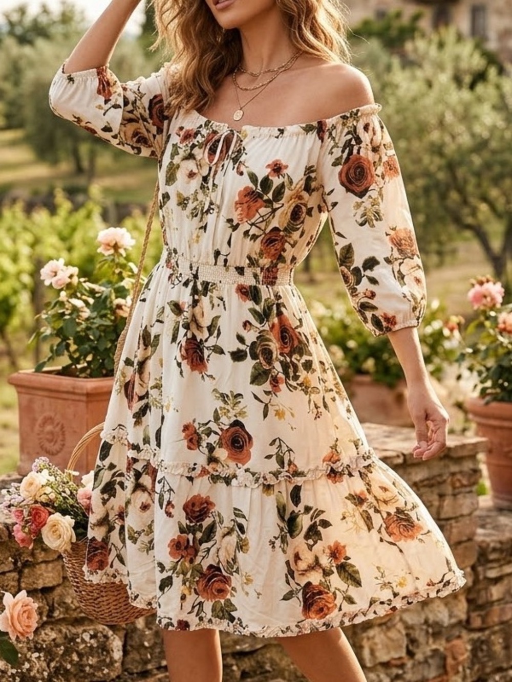 J. for Justify Floral Off-Shoulder Tiered Midi Dress